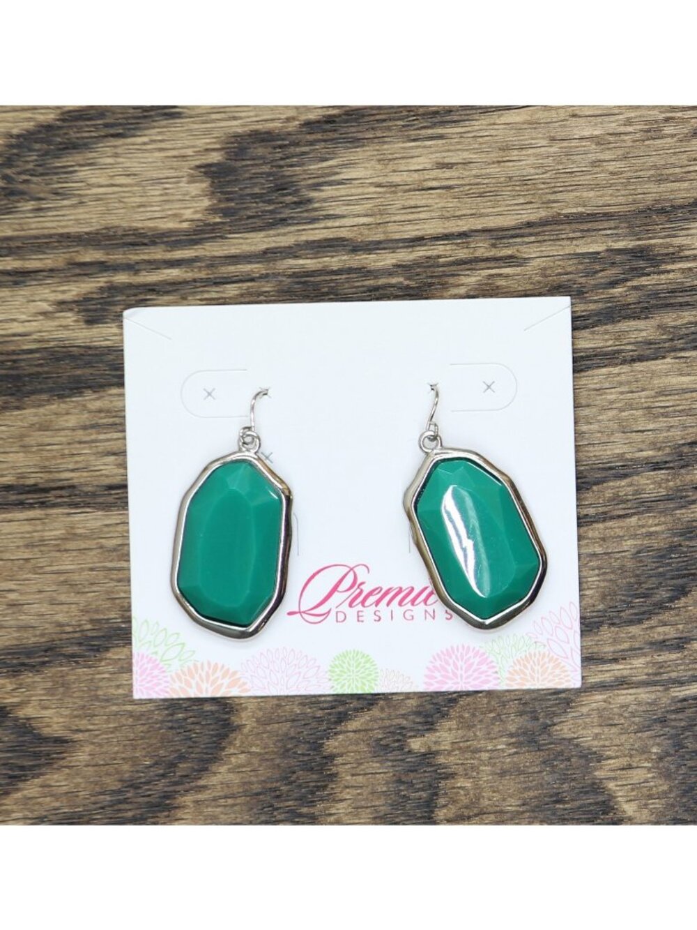 NEW Premier Design Dangly Stone Earrings Silver Gray / Emerald Green 2.75"